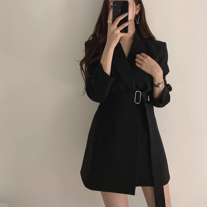 여성 포인트 벨트 사선 미니 원피스 자켓