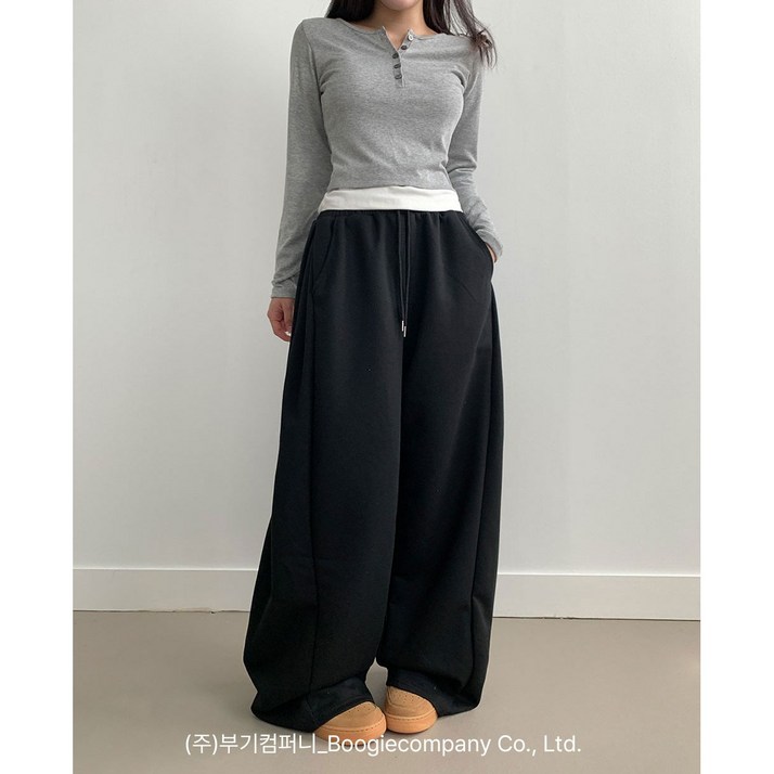부기샵 군살커버 퍼트 사이드 폴링 핀턱 와이드 트레이닝 롱팬츠(숏기장)