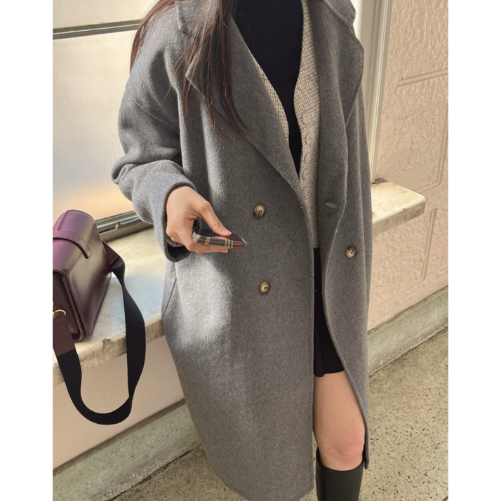 여성용 핸드메이드 더블버튼 울 롱코트