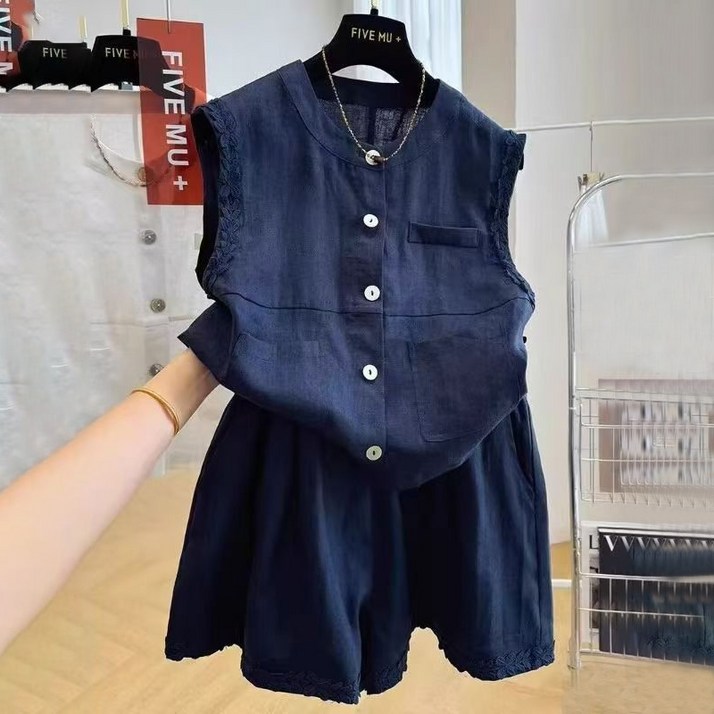 SELEAD 투피스세트 민소매티+ 4부린넨반바지 플리츠상의 린넨셋업 반바지세트 여성여름셋업 여자여름반바지 나시세트