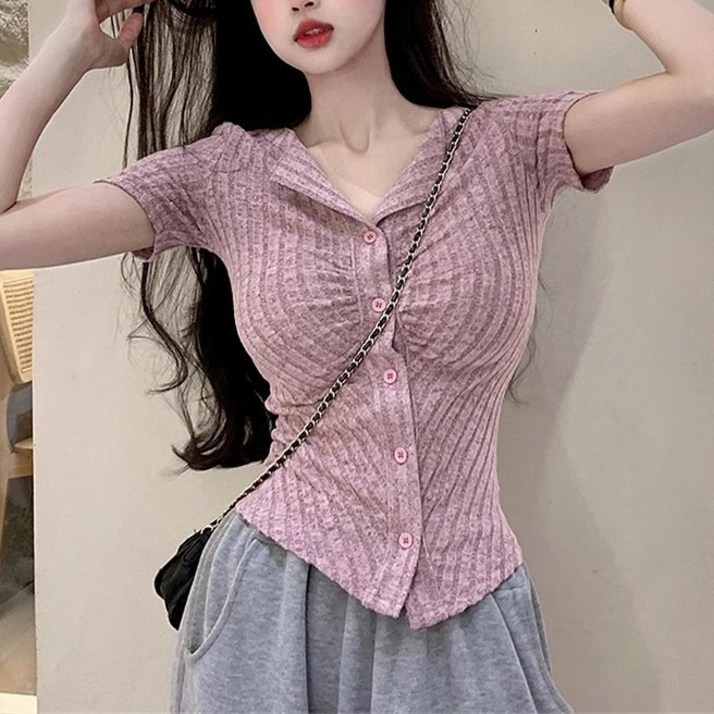 cammello 셔링 포인트 슬림핏 반팔 골지 니트 크롭티 반팔 카라티