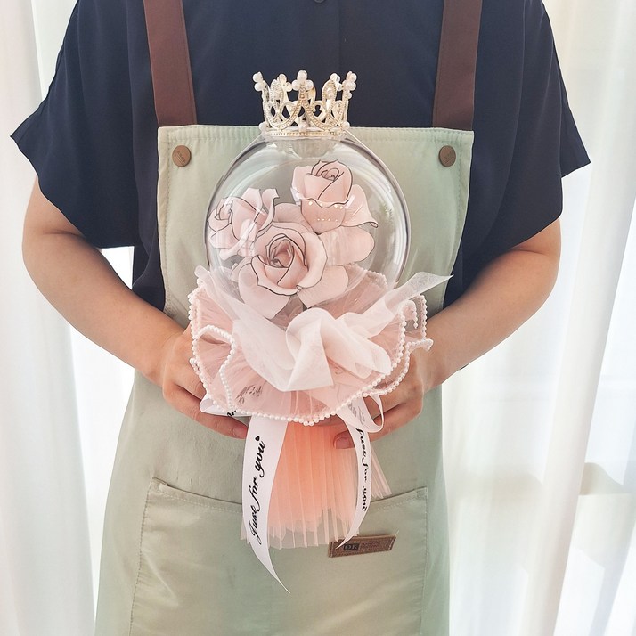 앨리스 아크릴 풍선 장미 비누꽃다발 학예회 발표회 졸업식 왕관비누꽃쇼핑백 포함, 1개, 미니핑크로즈