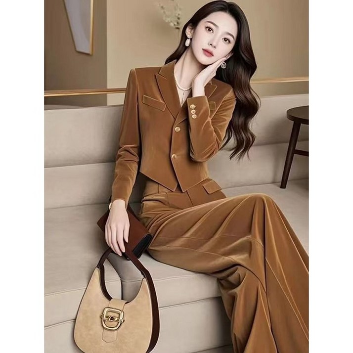 JoYouth 여성 벨벳 투피스 가을 겨울 세련된 오피스룩 하객룩 바지 정장 세트 스타일리시한 자켓과 팬츠