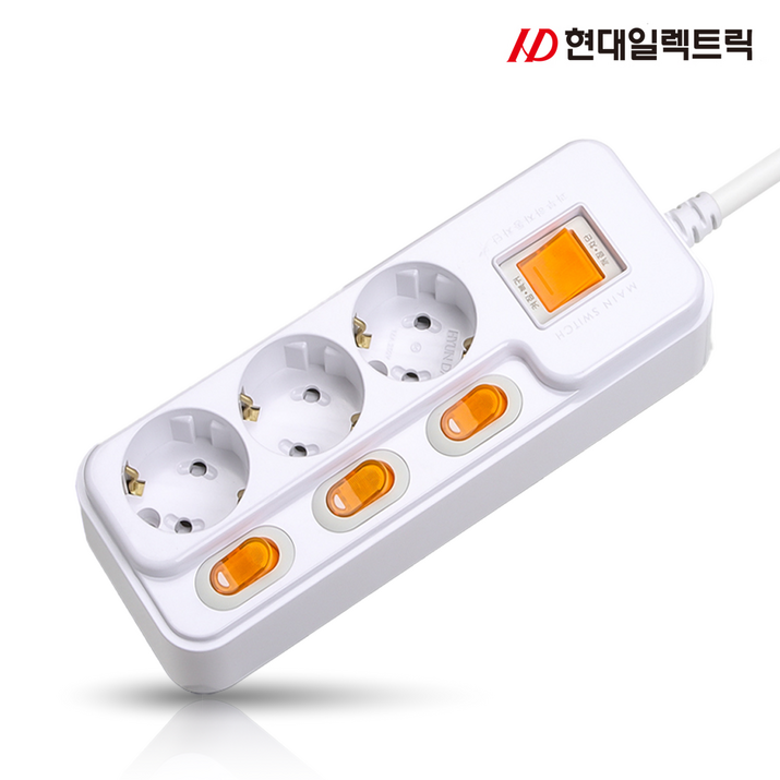 현대 국산 접지 개별 과부하차단 스위치 멀티탭 멀티콘센트 3구 16A, 3m, 화이트, 1개