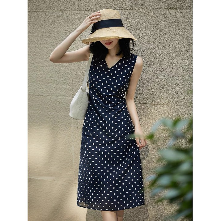 POMTOR 여름 여자 민소매 도트 원피스 미디 A라인