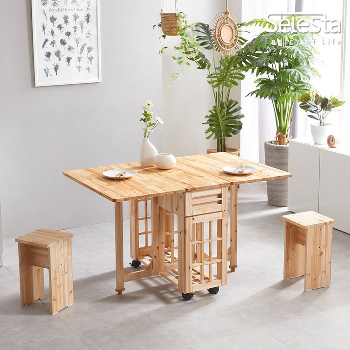 셀레스타 삼나무 원목 접이식 식탁 이동식 확장형 폴딩 테이블(스툴 미포함), 삼나무_AAS79