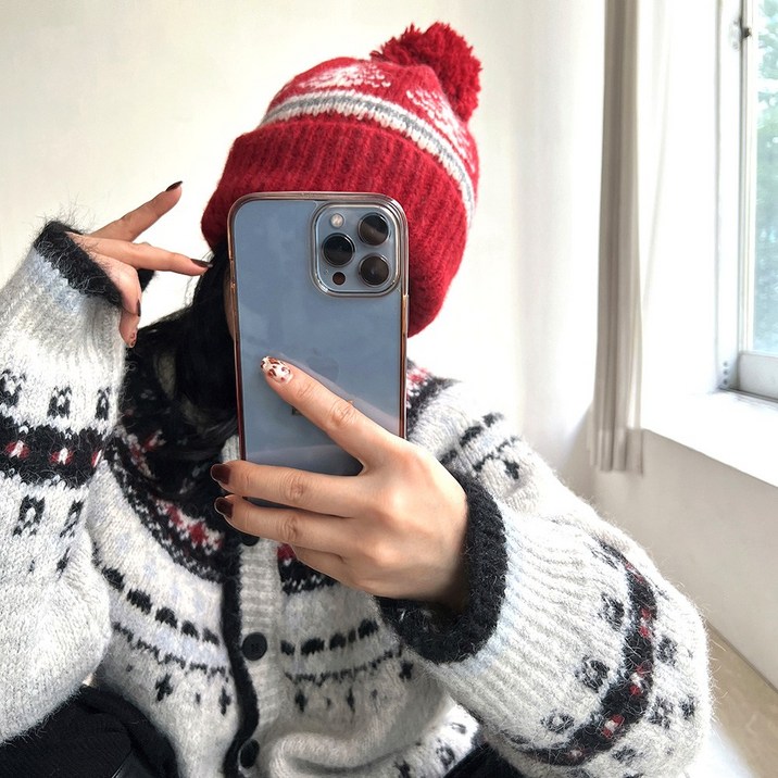 네모엔룩 노르딕라운드 여성용 북유럽 패턴 라운드배색 캐주얼 도톰 포실포실 라운드넥 니트 가디건