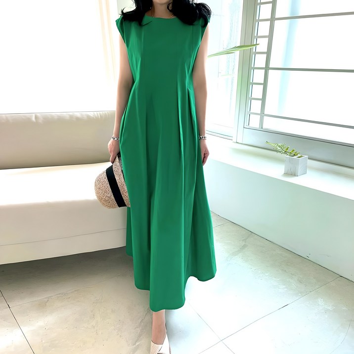 네모엔룩 여성용 모던절개핀턱 여름 A라인 핀턱주름 캡민소매 면 무지 롱 원피스허리끈 포함