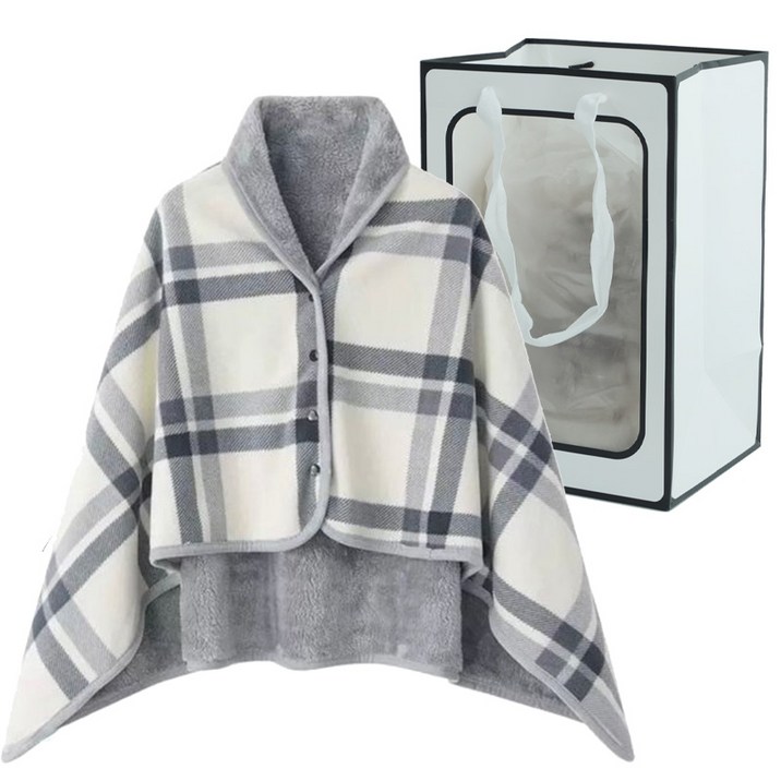도소 망토담요+창문형쇼핑백 똑딱이 단추형 치마 체크 무릎담요-중형사이즈 80x130cm