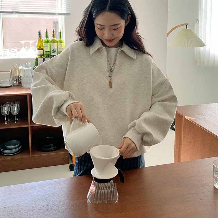 AOKADA 여성 가을 겨울 루즈핏 카라 반집업 기모 맨투맨 티셔츠