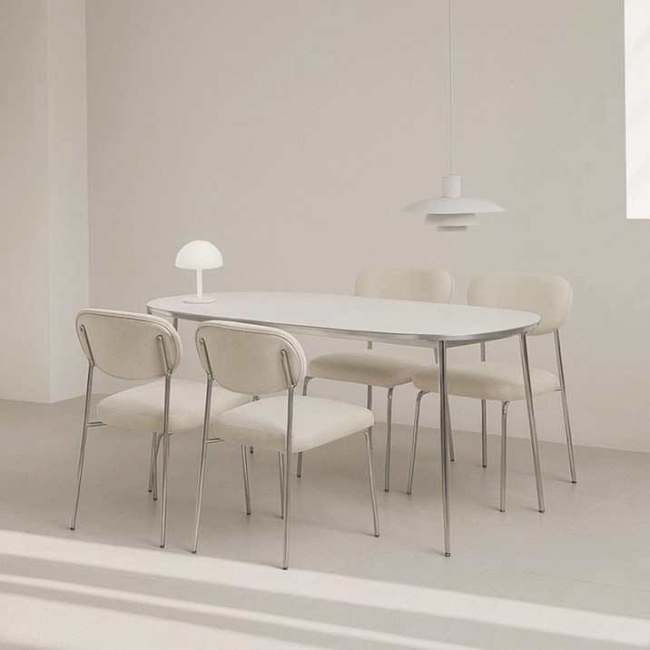 루소 화이트 실버 타원 스테인리스 식탁 테이블 1200 1400 1600, 4인용, 화이트/실버