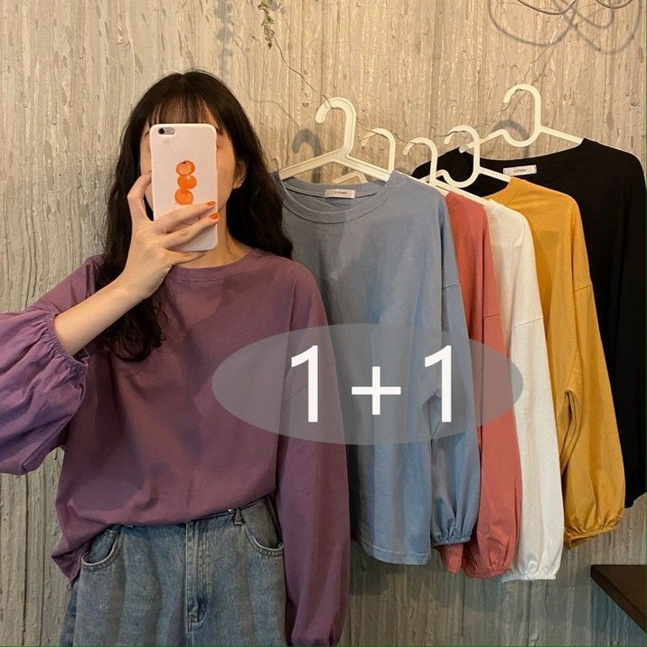 여성 순색 라운드넥 긴팔티셔츠 얇은 패션 등롱 소매 오버핏 빅사이즈 여자 데일리복 여성 순색 라운드넥 긴팔티셔츠 얇은 패션 등롱 소매 오버핏 빅사이즈 여자 데일리복