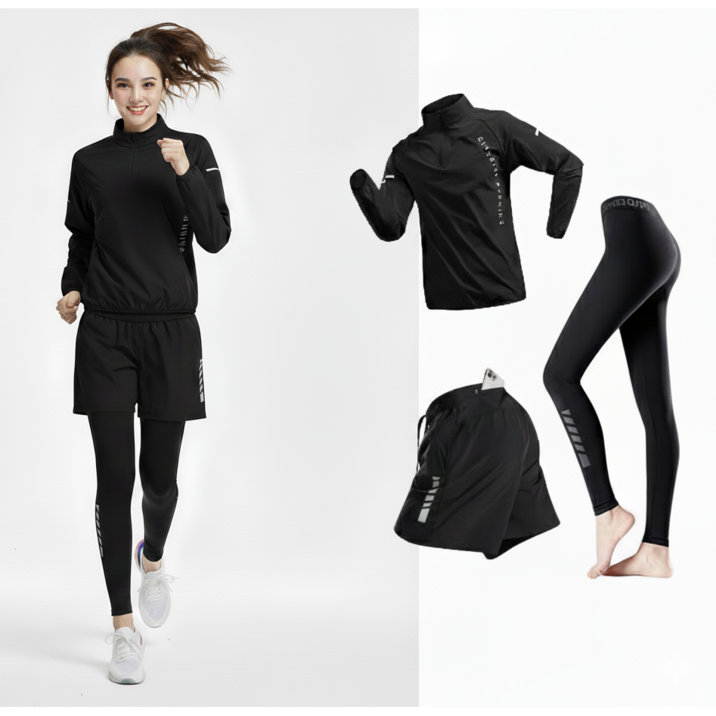 BYMSPORT 여성 런닝복 스포츠웨어 상하 운동복 세트 긴팔포켓반바지긴레깅스