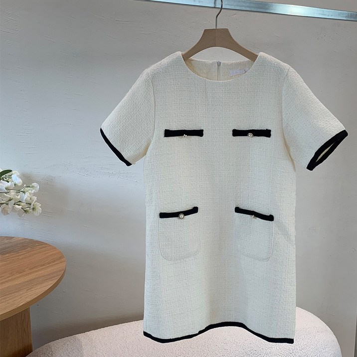 러우 여성 데일리 트위드 반팔 배색 콘솔지퍼 여름하객룩 미니 원피스