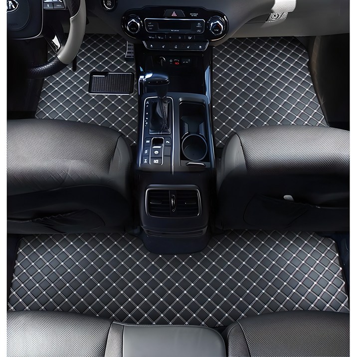 지엠지모터스 자동차 매트 카매트 퀼팅 가죽 바닥 장판 시공 효과 1열 2열 플로어 호환매트, 블랙앤화이트스티치