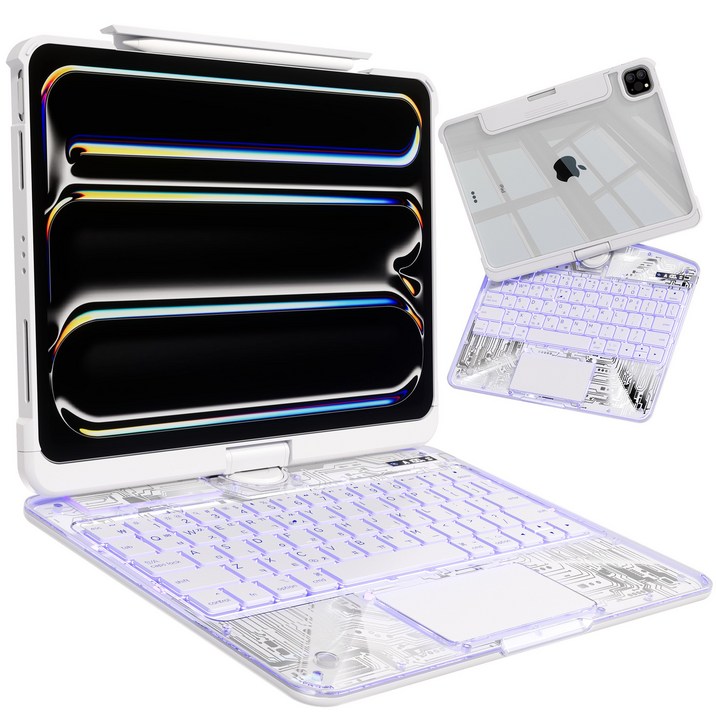 AITEWO 아이패드 매직키보드 케이스 펜슬 수납 360도회전 일체형 각도조절 투명 백라이트 터치패드 에어7/6/5/4/3/2/1세대 프로11/10.9/13/12.9인치, 투명 화이트, 에어7/6세대 프로4/3세대11 에어5/4세대10.9, 1개