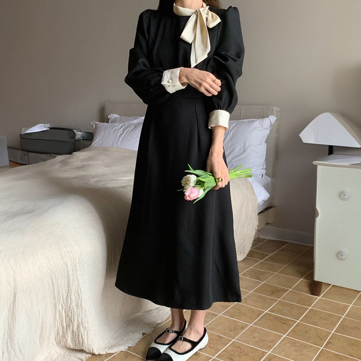 페이퍼먼츠 단정 프랜치 리본타이 배색 원피스 11984