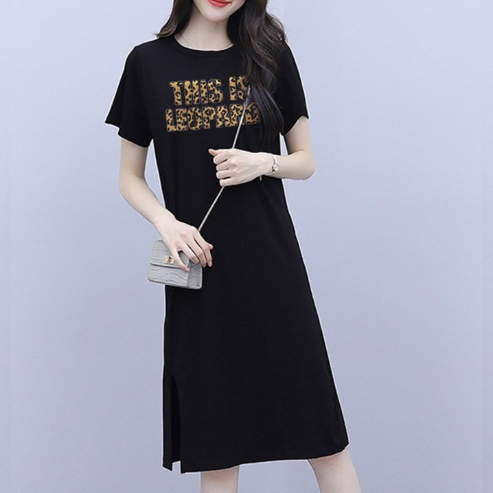 스타일아유 레오파드 찰랑 롱티셔츠 캐쥬얼 홈웨어 라운드 반팔원피스AXG6OP001A