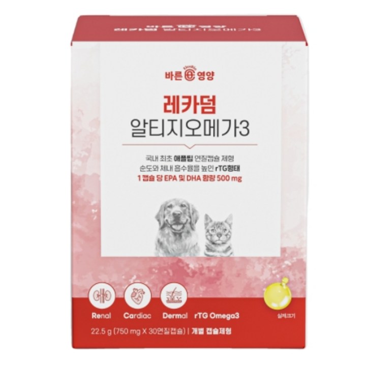 레카덤 알티지 오메가3 강아지 고양이 심장 신장 피부 눈 관절 영양제 애견 캡슐, 30정, 오메가3, 1개