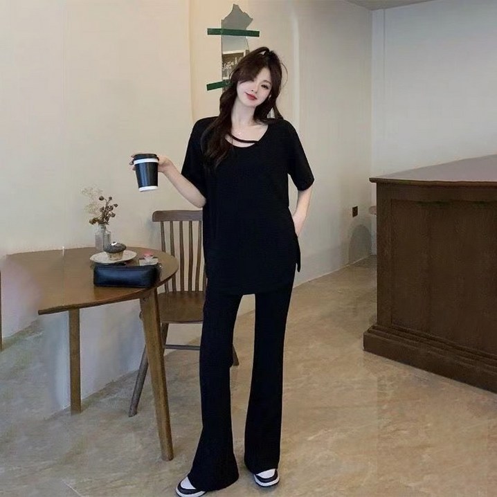 ORZQU 여름 여자 와이드 팬츠 반팔 세트 빅 사이즈 와이드 투피스