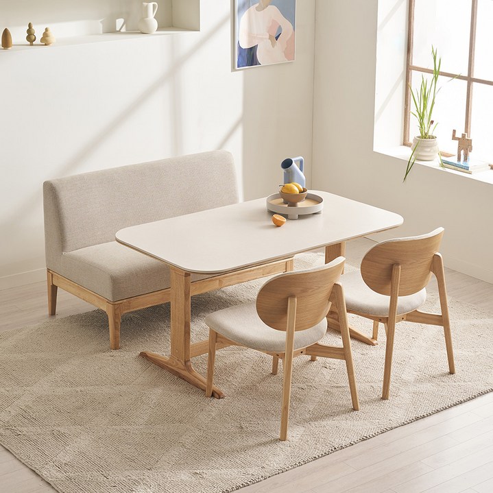 레이디가구 엘린 패밀리 원목 세라믹식탁 + 의자 2p + 2인 소파 세트 원목소파벤치의자형 방문설치