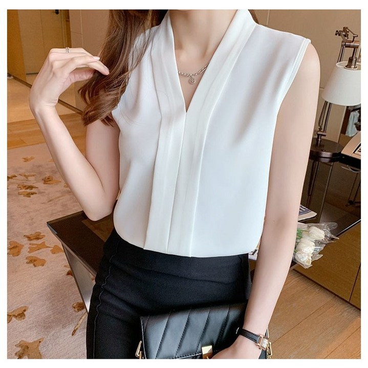 퀸이즈 여성용 브이넥 민소매 블라우스