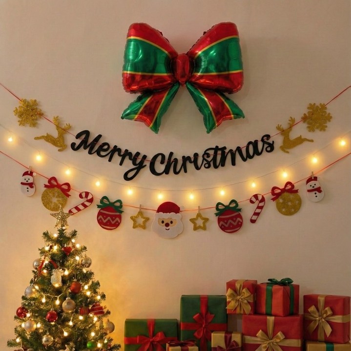 이벤트홀릭 크리스마스 리본풍선 가랜드 2종 앵두전구 세트