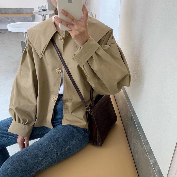 해피유통 여성용 트랜치코트 숏카켓 빅카라 심플 간절기 봄 가을 점퍼 여성자킷