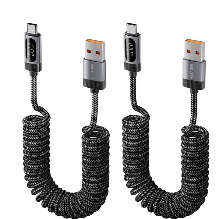 ESSAGER USB 코일 C타입 고속충전 케이블 PD 100W 차량용 케이블 보조배터리 케이블 2개입, 블랙, 2개, 1.8m