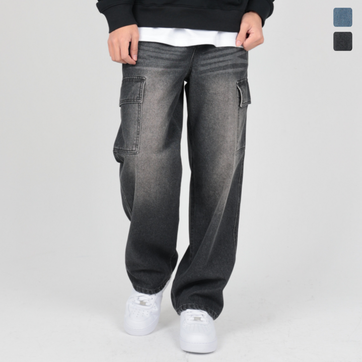 남자 카고 청바지 와이드 일자 밴딩 데님 팬츠