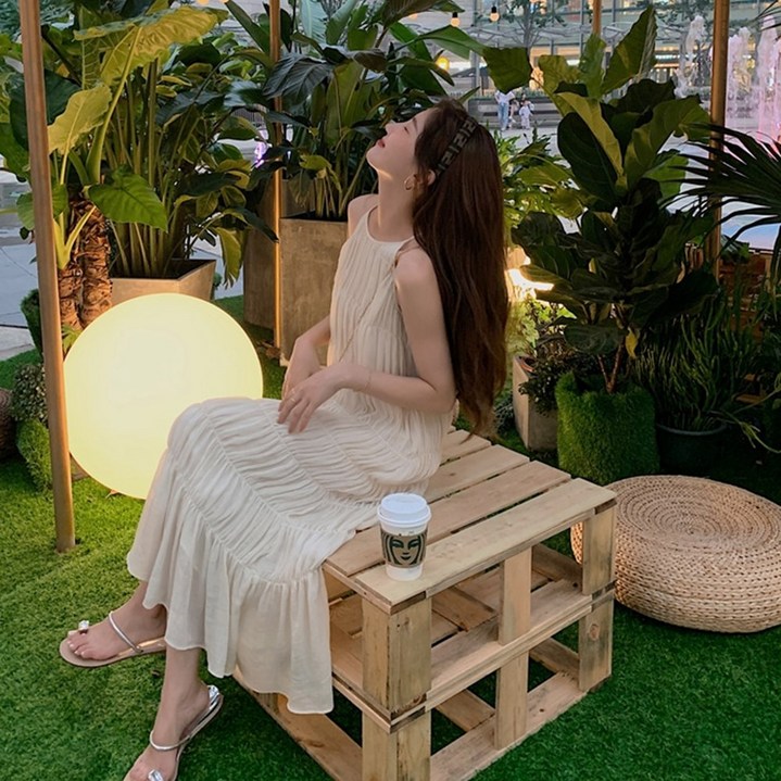 [SML사이즈]여성 휴양지 쉬폰 홀터넥 롱 원피스 빅사이즈 나시 민소매