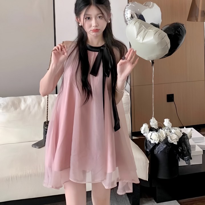 Asure 여자 민소매 홀터넥원피스 리본 미니원피스