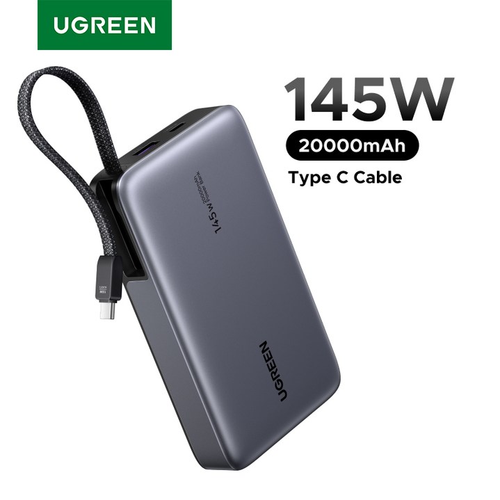 UGREEN 유그린 20000mAh 145W 보조배터리 C타입 케이블 일체형 노트북용 보조배터리 72Wh 초고속 충전 CCC인증 출장 필수템 맥북 프로/아이패드/아이폰/삼성 S25, Grey, PB551
