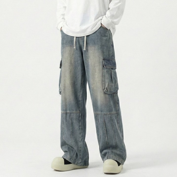 지디오 남성 카고 와이드 청바지 워싱 연청 흑청 데님 팬츠 봄 가을 빅사이즈 긴바지 / 간절기,바지,밴딩,