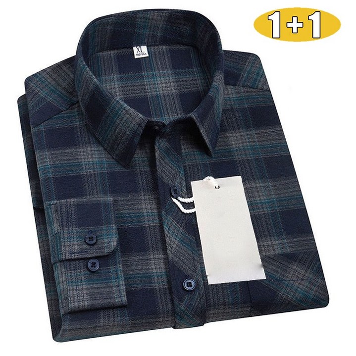 1+1 남성용 캐주얼 순면 체크 카라셔츠 루즈핏 긴팔 체크남방 봄 가을