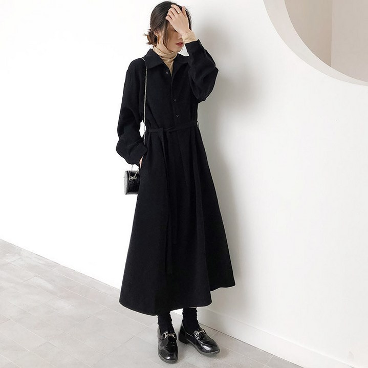 Novastar 여성용 봄가을 원피스 데일리룩 출근룩 벨트 카라 셔츠 롱원피스