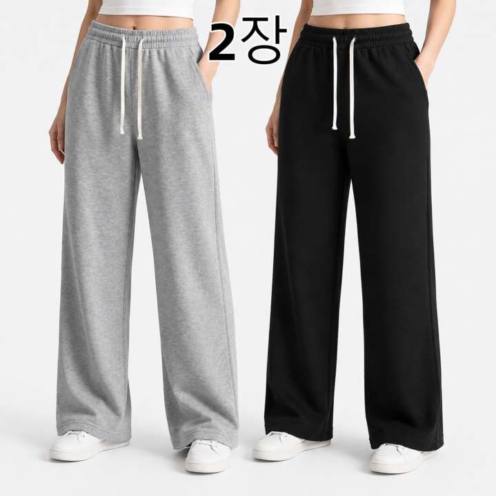FINALSENSE 11특가 봄가을용여성 데일리 와이드 스웨트팬츠 밴딩 허리 끈 조절 솔리드 트레이닝바지 블랙 그레이 2색