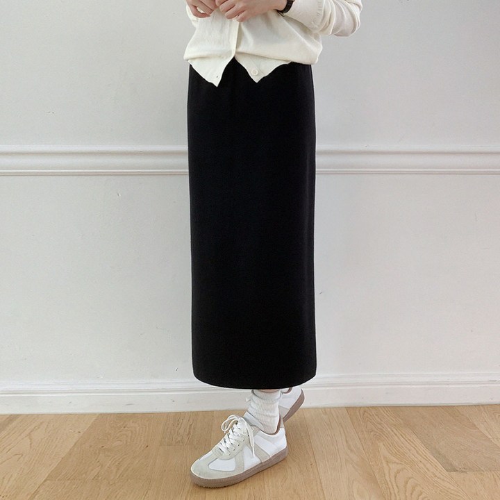 플랜데이 여성용 숏미디움 기장 세라 니트 트임 밴딩 롱 스커트