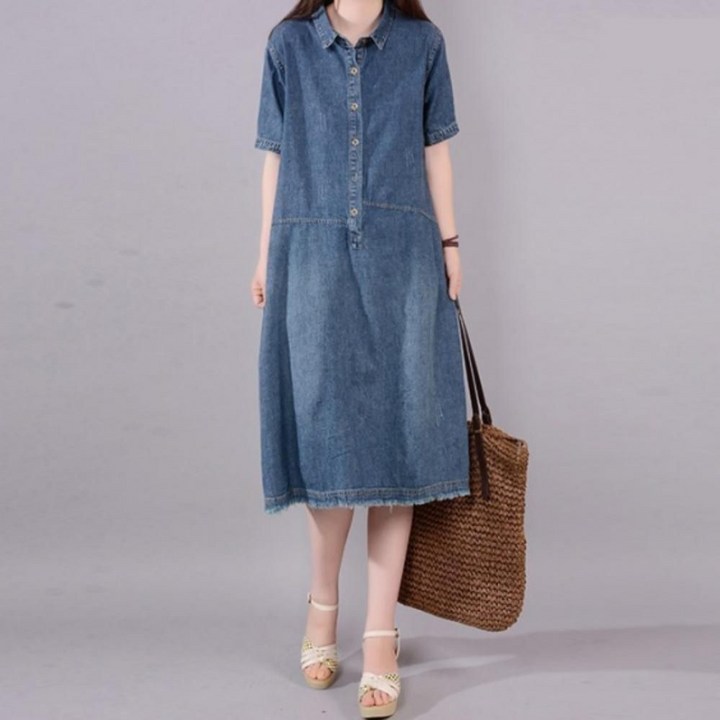 데님 원피스 반팔 청 여성 여름 카라 봄WFH8JHW