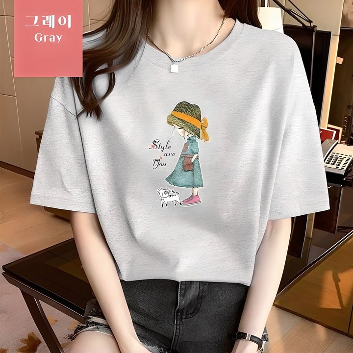 오늘발송 스타일아유 오버핏 면100 반팔티 귀요미 로고 여성용 빅사이즈 박시 반팔티셔츠 반팔 티셔츠AYG6TS348A