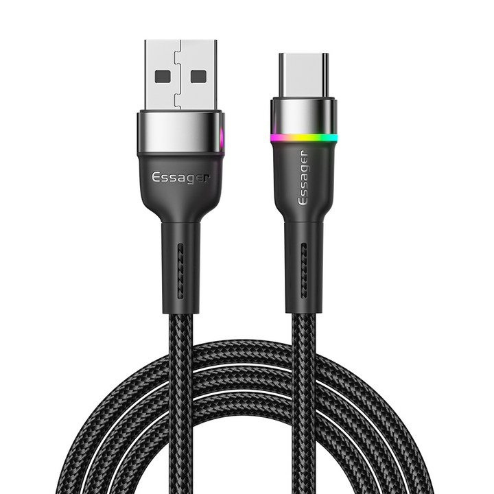 Essager USB C 케이블 3A 급속 충전 케이블LED, 1, 2m, 블랙