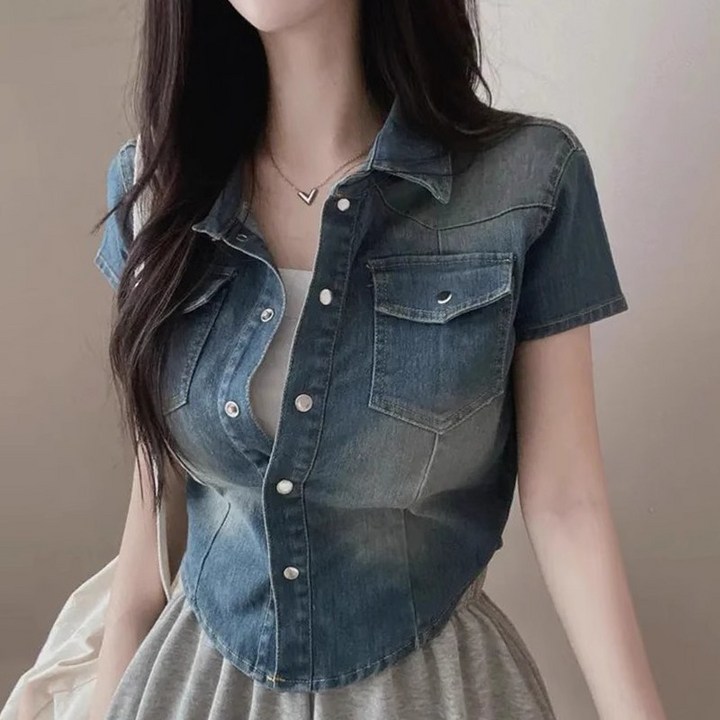 쪼예 워싱 데님 포켓 크롭 반팔 남방 자켓 쪼예 워싱 데님 포켓 크롭 반팔 남방 자켓