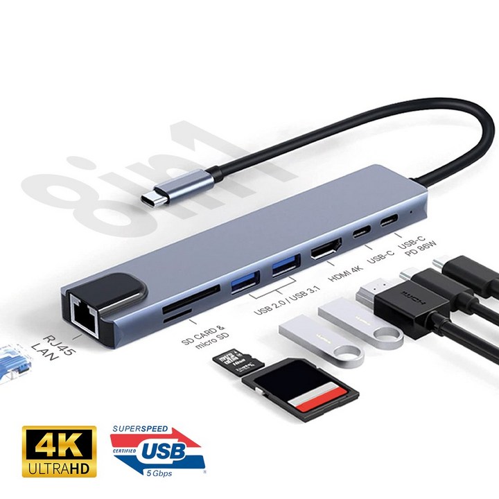 아모란나 C타입 8in1 멀티허브 8포트 USB3.0 이더넷 USB2 타입C2 이더넷 HDMI SD, 혼합색상, 1개