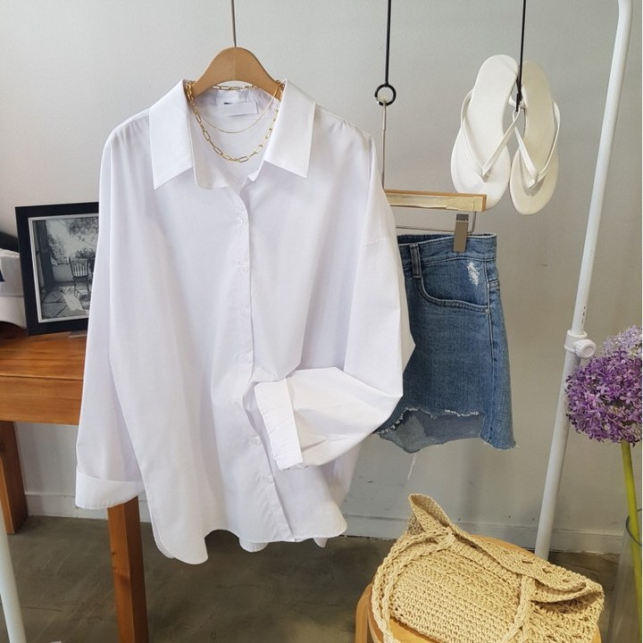 여성흰남방 상상그이상 여성용 국내제작 오버코튼 셔츠 루즈핏 바스락 면셔츠 카라넥 내츄럴 박시 롱셔츠