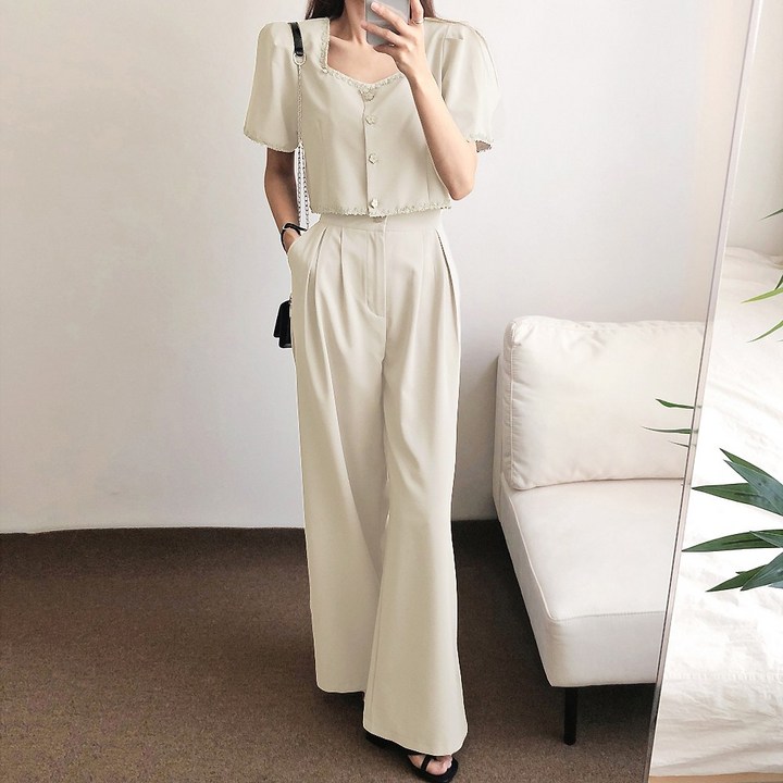 요시아나 [당일발송] 루드거 토숀레이스 장식 크롭 자켓 와이드 투턱팬츠 세트 2컬러