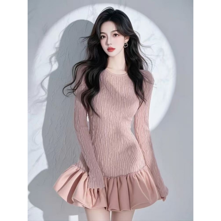 녕동 여성 라운드 원피스 슬림 봄가을 트리밍 패치 플리츠 원피스 긴팔 원피스
