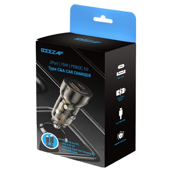 비잽 차량용 충전기 75W 초고속 케이블 포함 PD3.0 PPS 2포트 QC4.0 시거잭 2구, 투명, BZD75
