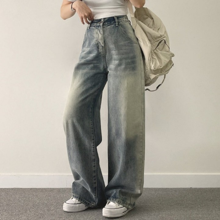 여성용 보이 와이드 데님 팬츠