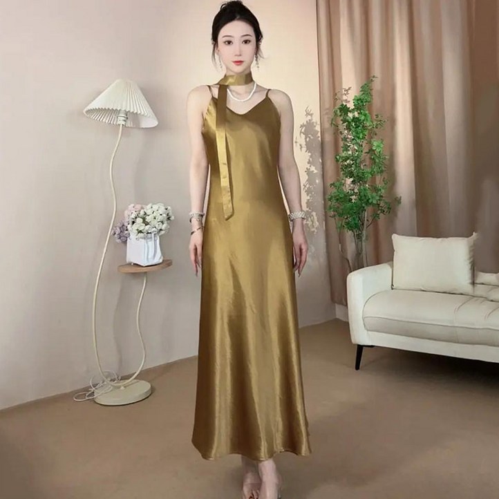 FANSYLI 여름 새틴 원피스 여성 신상 나시 원피스 고급 롱 실크 머메이드 원피스 W2507J03