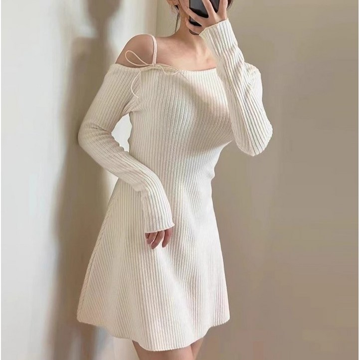 레티고 러블리 큐트 언발 오프숄더 리본끈 긴팔 미니 원피스